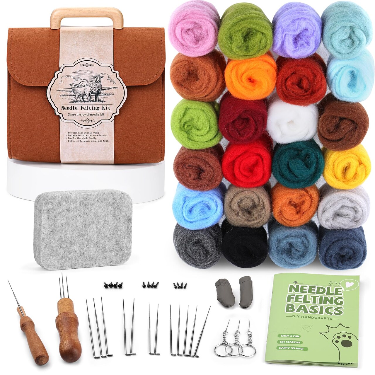 Needle Felting Kit, 24 Colors Felting Wool Kit with Felt Bag, Felting Needles, Pad, Felting Wool Bulk for DIY Needle Felting Beginner with Step by Step Instructions
